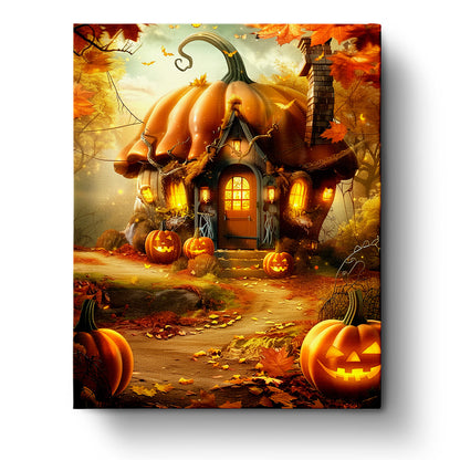 Paint by numbers kit showing a whimsical pumpkin-shaped cottage surrounded by glowing Jack-O-Lanterns and autumn leaves. Product by miicreative, capturing warm colors and fall themes, enhancing mindfulness.