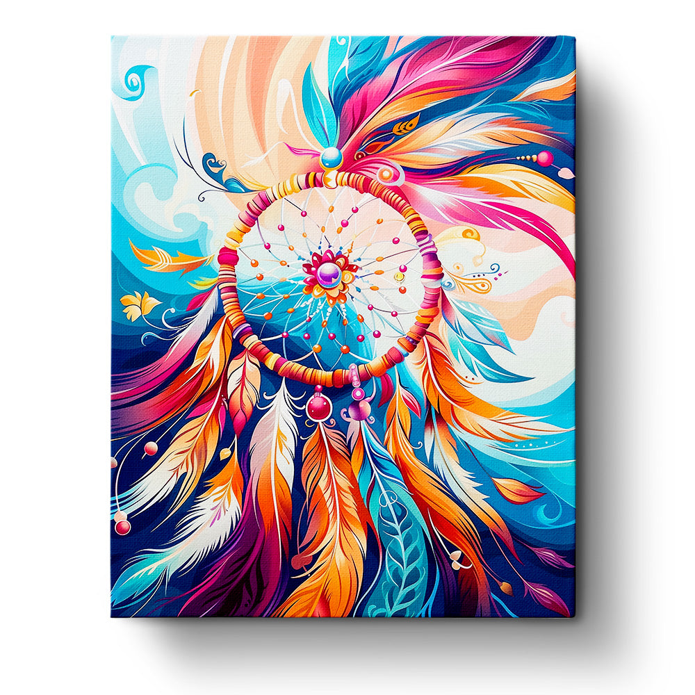 A vibrant Dreamcatcher painting with swirling colors of blue, orange, and pink, showcasing feathers and intricate designs, representing mindfulness and creativity in the Dreamcatcher Radiance - Bohemian Vibes kit by miicreative.