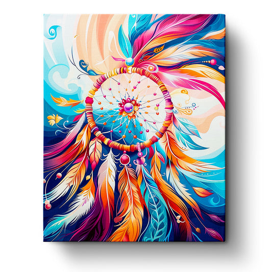 A vibrant Dreamcatcher painting with swirling colors of blue, orange, and pink, showcasing feathers and intricate designs, representing mindfulness and creativity in the Dreamcatcher Radiance - Bohemian Vibes kit by miicreative.