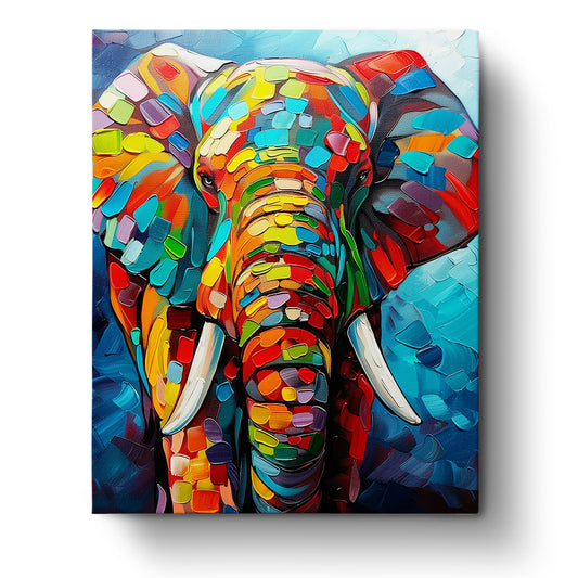 A vibrant and colorful elephant painting from miicreative's Abstract Animals collection, featuring a kaleidoscope of bright colors and intricate patterns, highlighting mindfulness and creativity.
