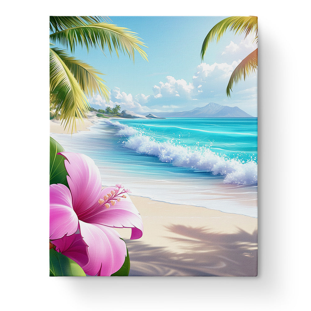 Tropical Beach Serenity by miicreative showcases a stunning sea landscape with palm trees and ocean waves, providing a calming and mindful painting experience.