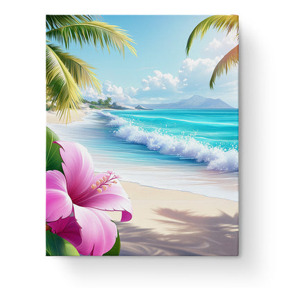 Tropical Beach Serenity by miicreative showcases a stunning sea landscape with palm trees and ocean waves, providing a calming and mindful painting experience.