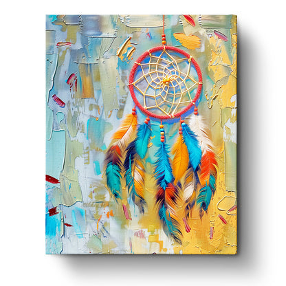 Dreamcatcher Serenity paint by numbers kit by miicreative, featuring vibrant blue and orange feathers on a textured multicolored background. Emphasizes creativity and mindfulness.