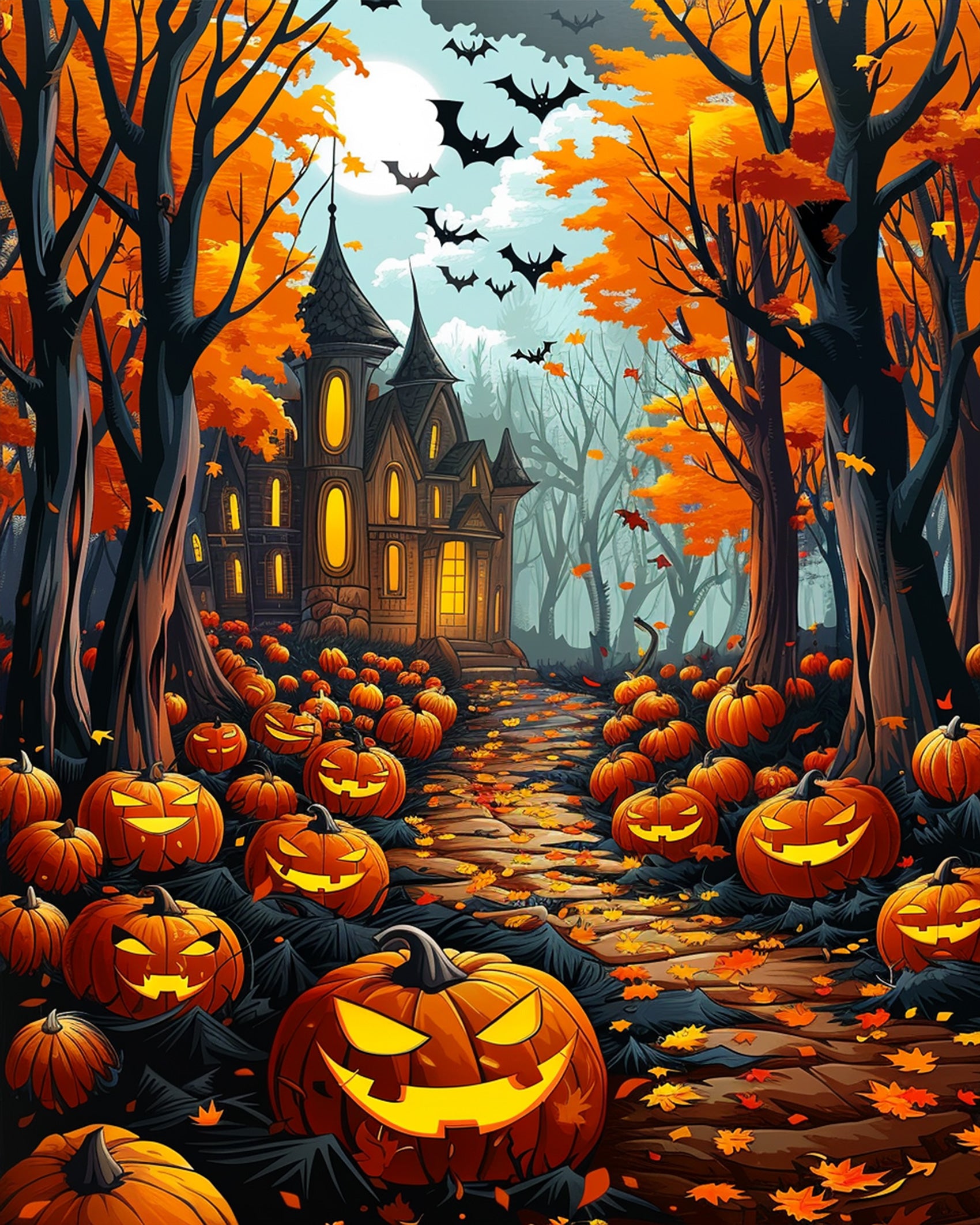 Spooky Pumpkin Path - Halloween paint by numbers kit by miicreative. Features vibrant orange pumpkins and bats under a moonlit sky. Highlights creativity and mindfulness with a haunted house backdrop.