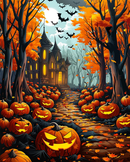 Spooky Pumpkin Path - Halloween paint by numbers kit by miicreative. Features vibrant orange pumpkins and bats under a moonlit sky. Highlights creativity and mindfulness with a haunted house backdrop.