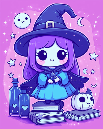 Lovely witch in purple tones, surrounded by magical elements. A miicreative paint by numbers kit offering relaxation and creativity.