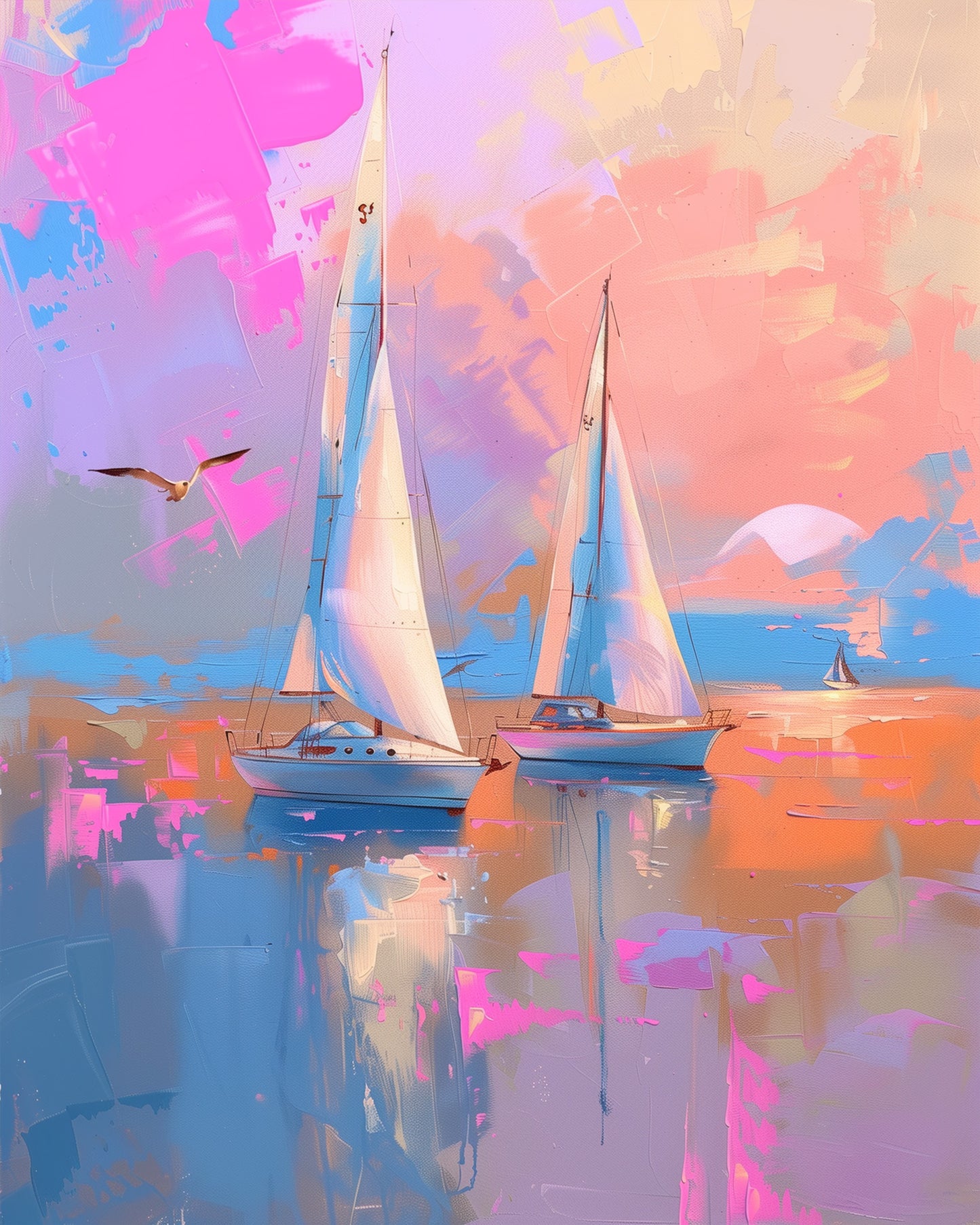 Sunset painting of sailboats with vibrant pink and orange hues, part of the miicreative collection. Captures reflective waters and a serene sky to inspire mindfulness and creativity.