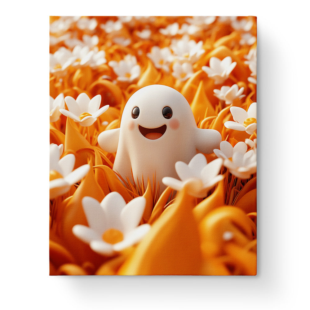 A charming painting of a smiling ghost amidst vibrant orange and white daisies. Smiling Ghost in Daisy Field - Halloween kit by miicreative offers a mindful painting activity.