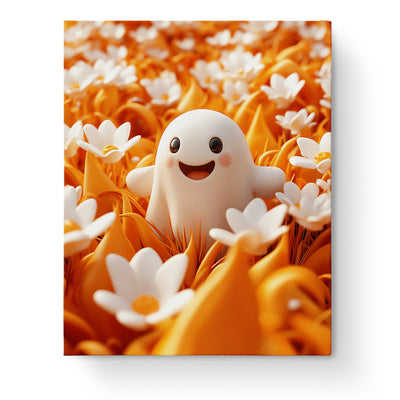 A charming painting of a smiling ghost amidst vibrant orange and white daisies. Smiling Ghost in Daisy Field - Halloween kit by miicreative offers a mindful painting activity.