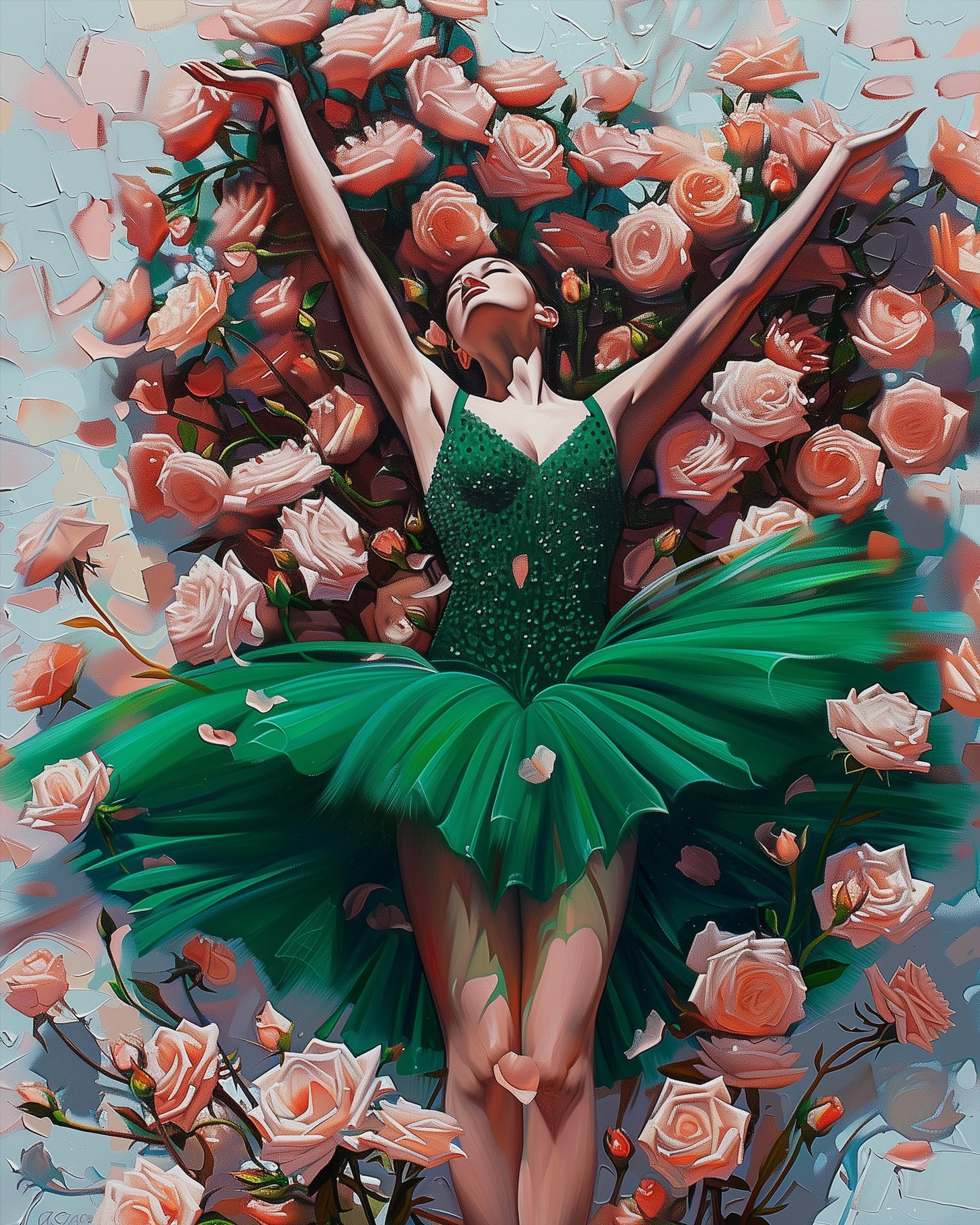 Miicreative's Emerald Ballet Bliss features a serene dancer surrounded by soft pink roses, perfect for stress relief and creative expression.