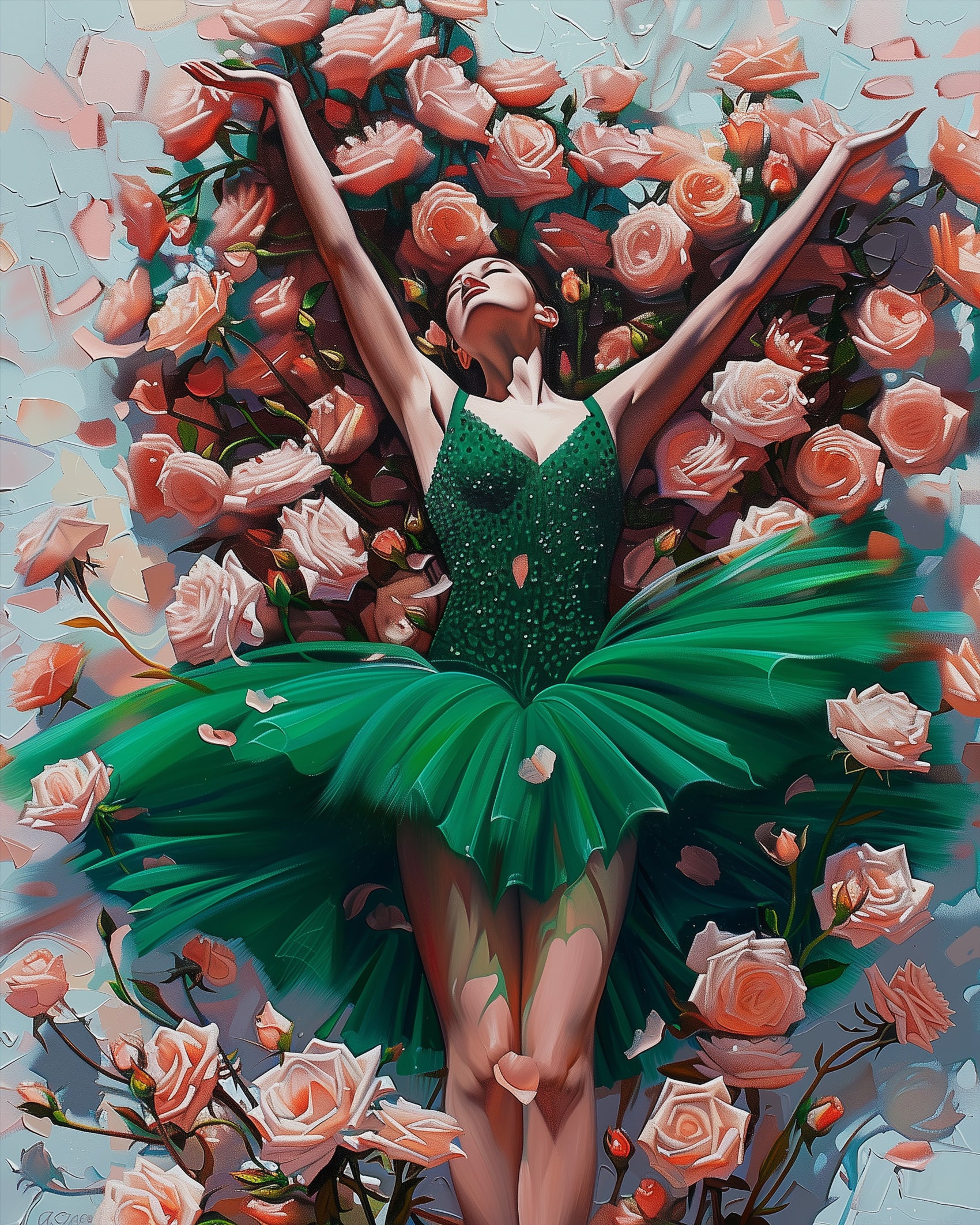 Miicreative's Emerald Ballet Bliss features a serene dancer surrounded by soft pink roses, perfect for stress relief and creative expression.