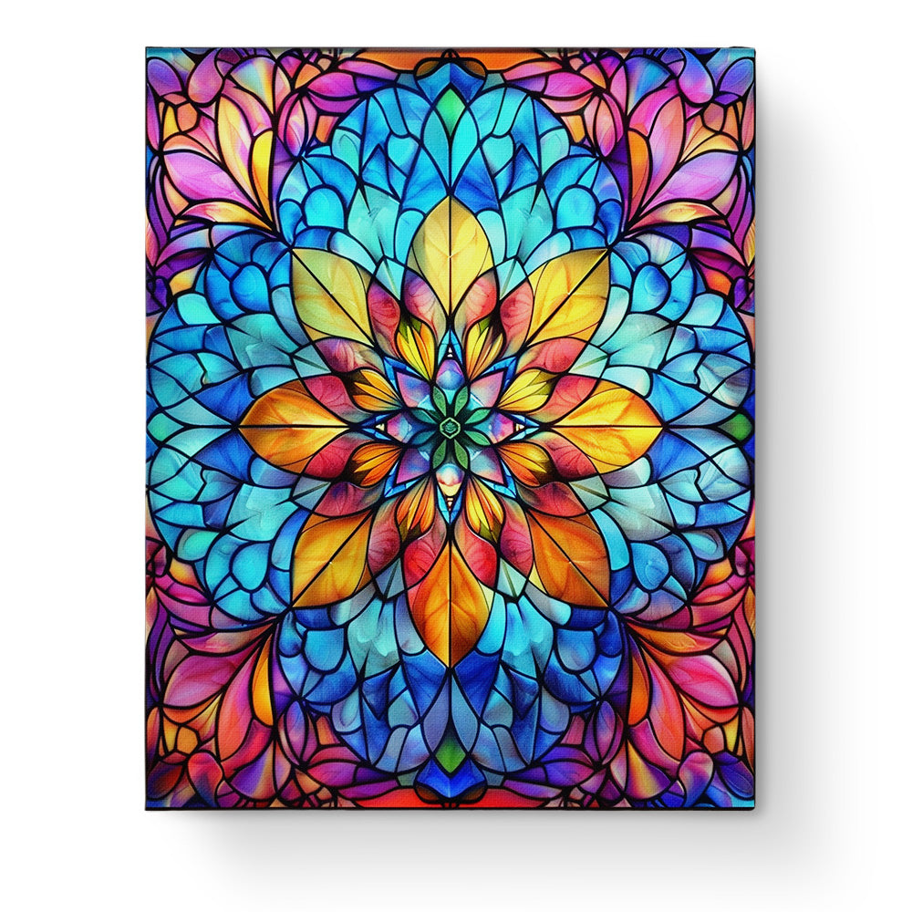 Radiant Stained Glass Mandalas by miicreative. A vibrant stained glass mandala featuring a kaleidoscope of blues, oranges, and pinks, highlighting creativity and mindfulness.
