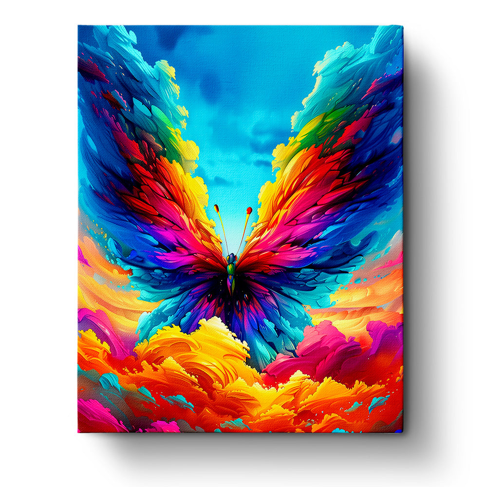 A vibrant, colorful butterfly amidst swirling clouds in bright blues, yellows, and reds, capturing the essence of peace and creativity. 'Vibrant Butterfly - Meditation' by miicreative enhances mindfulness.