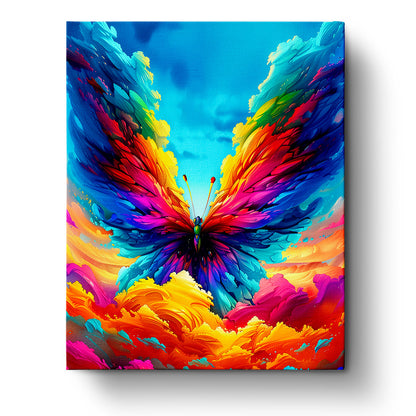 A vibrant, colorful butterfly amidst swirling clouds in bright blues, yellows, and reds, capturing the essence of peace and creativity. 'Vibrant Butterfly - Meditation' by miicreative enhances mindfulness.