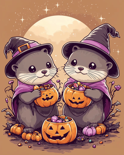 Charming otters with witch hats holding candy-filled pumpkins. miicreative's Witchy Otters Paint Kit - Halloween encourages creativity and relaxation.