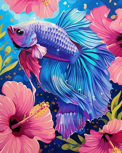 A colorful Betta fish swimming amidst pink hibiscus flowers. Tranquil Betta Fish - Meditation by miicreative. Emphasizes vibrant blues and pinks, capturing a relaxing and creative atmosphere.