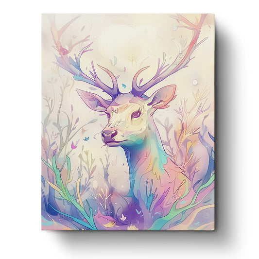 A vibrant depiction of a deer surrounded by colorful foliage, representing the Radiant Deer paint by numbers kit by miicreative. The pastel hues and abstract design enhance mindfulness and creativity.