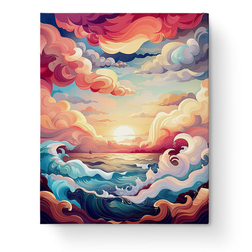 Majestic sunset waves over a tranquil sea by miicreative, capturing the essence of mindfulness through vivid colors and swirling clouds.