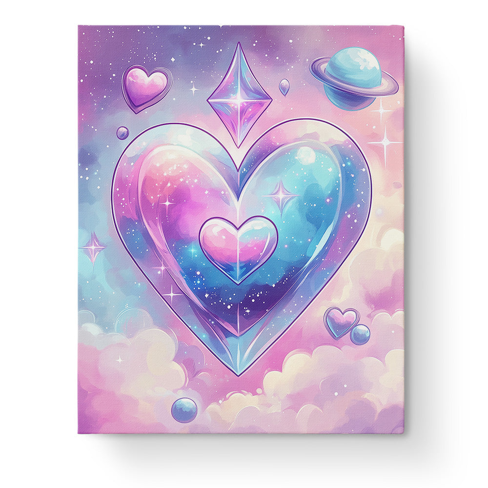 Cosmic Heart Harmony paint by numbers kit by miicreative showcases a galaxy-inspired heart with planets and stars, promoting mindfulness and relaxation.