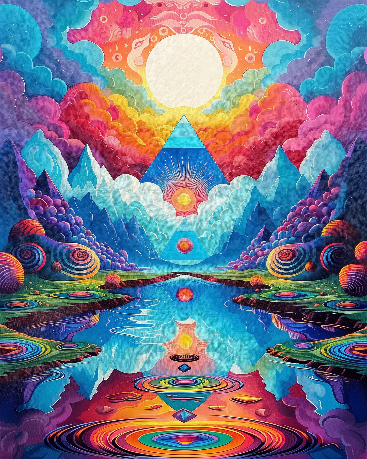 Cosmic Tranquility by miicreative features a vibrant cosmic landscape with colorful mountains and a serene lake reflecting a radiant sun, highlighting mindfulness and creativity.