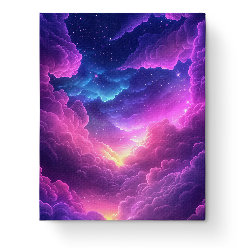 Celestial Cloudscape paint by numbers kit from miicreative. Experience peace through painting swirling purple and pink clouds highlighting a galaxy theme.