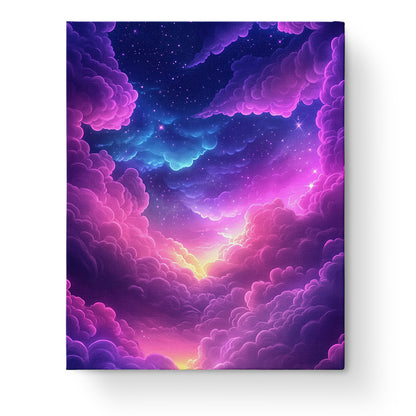 Celestial Cloudscape paint by numbers kit from miicreative. Experience peace through painting swirling purple and pink clouds highlighting a galaxy theme.