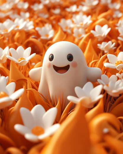 Cheerful ghost surrounded by daisies in a vibrant orange setting. Perfect for relaxing and creative moments. Smiling Ghost in Daisy Field - Halloween by miicreative.