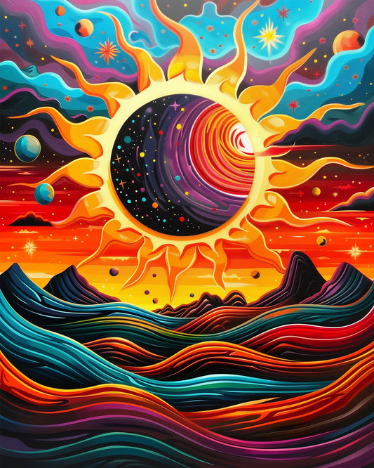 A vibrant Cosmic Sunrise with swirling galaxies and colorful mountains, featured in the Cosmic Sunrise Meditation from miicreative, highlighting creativity and mindfulness.