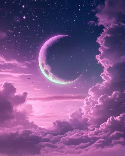 miicreative's paint by numbers kit showcasing a tranquil night sky with a glowing crescent moon, promoting focus and creativity.