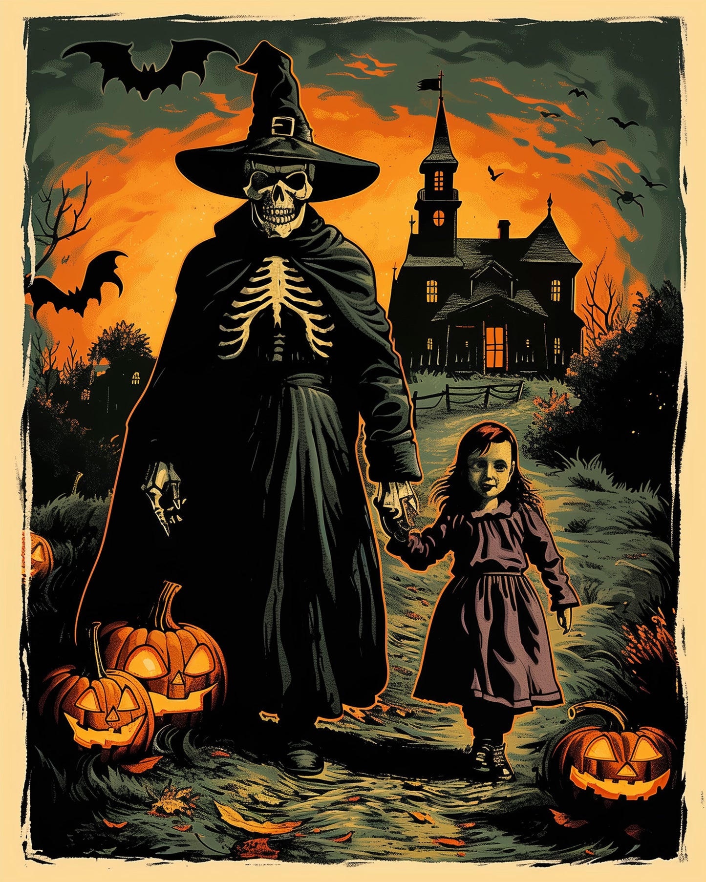 The image shows a Skeleton Witch with Child in front of a haunted house, surrounded by pumpkins under a spooky orange and green sky. This miicreative paint by numbers kit emphasizes creativity and mindfulness, capturing the Halloween spirit.