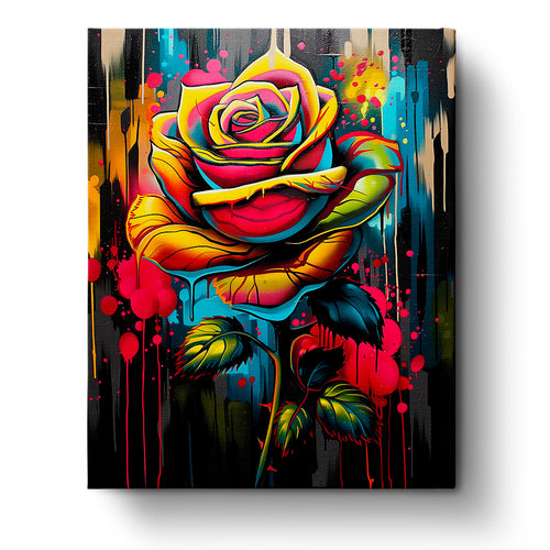 Vibrant rose bloom with bold colors and dripping effect, paint by numbers kit from miicreative. Emphasizes mindfulness and creativity through stunning visual elements.