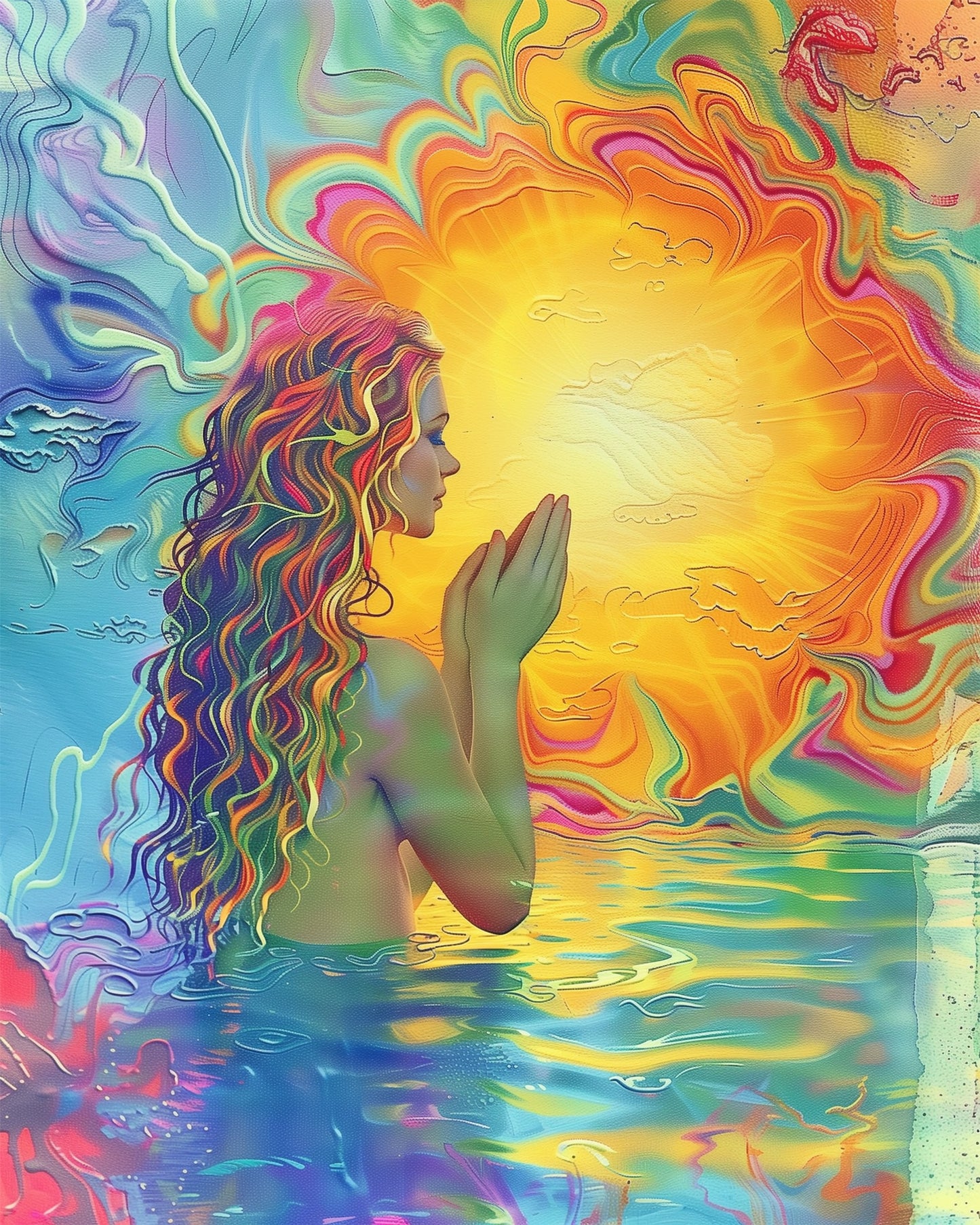 A vibrant paint by numbers kit featuring a serene figure with flowing, colorful hair in front of a radiant sun, part of the Sunlit Serenity - Meditation collection by miicreative. This kit highlights mindfulness and creativity through its luminous design.
