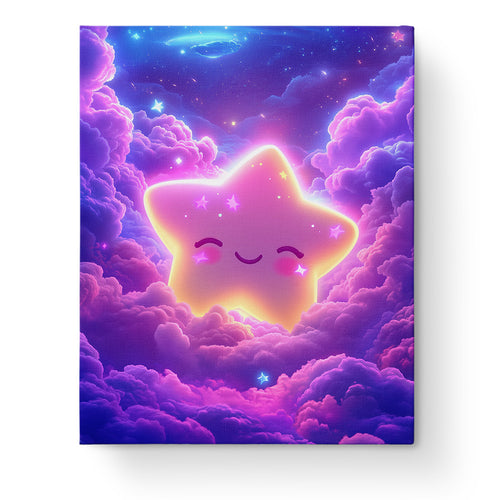 Smiling Star in Cosmic Clouds by miicreative, featuring a luminous star surrounded by dreamy purple and pink clouds. A focus-enhancing painting experience.