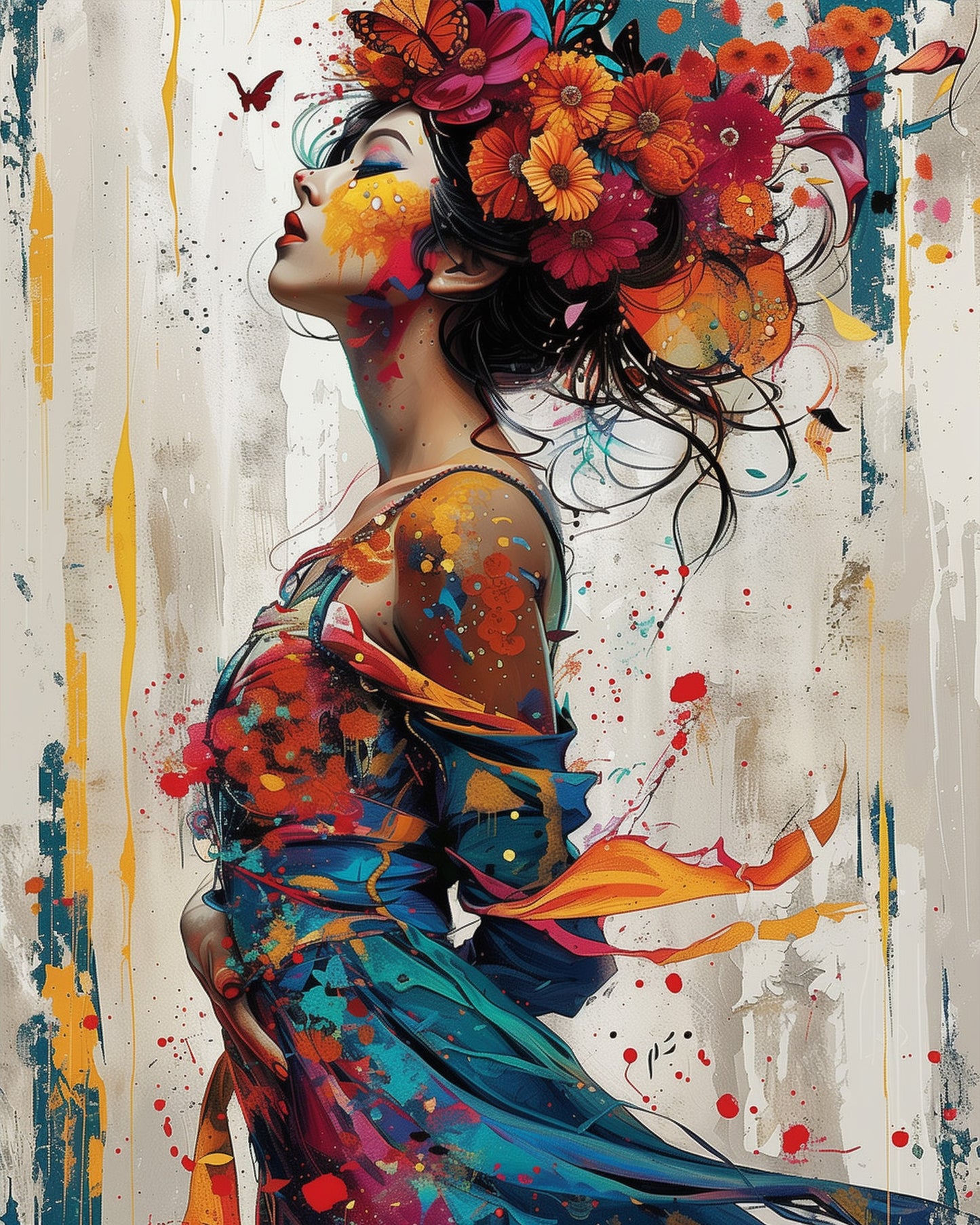 Vibrant painting of a woman adorned with colorful flowers, titled 'Floral Spirit Reflection - Bohemian Vibes.' Created by miicreative, this image showcases rich reds, blues, and oranges, embodying mindfulness and creativity in this paint by numbers kit.