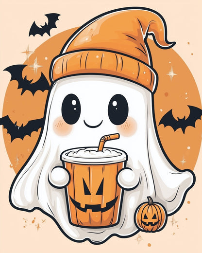 Playful Ghost with Pumpkin Cup - Halloween - miicreative